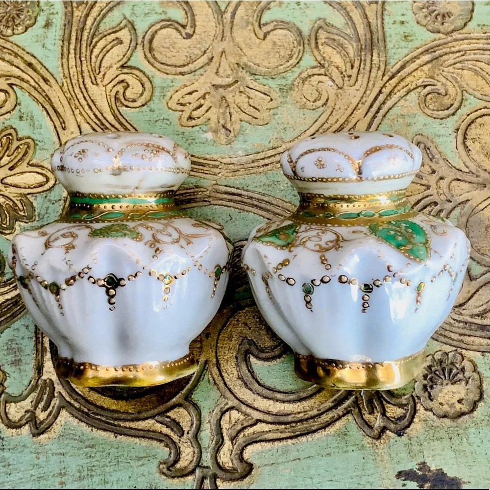 Antique Porcelain Salt Pepper Shakers Fancy Gold Trim